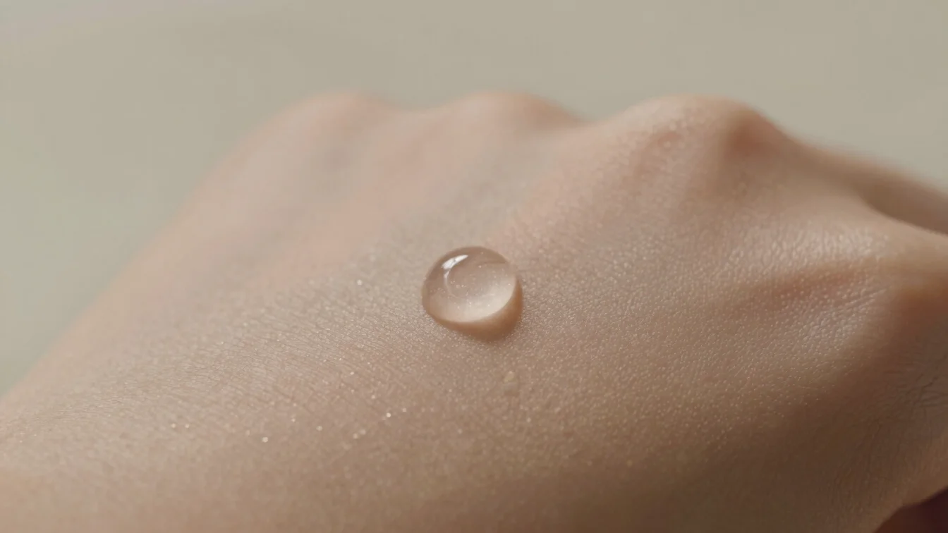 Tactile close-up of a skincare product droplet on skin, soft diffused natural daylight, rich neutral earth tones.
