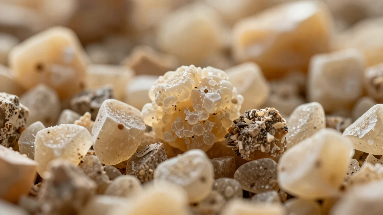 Detailed texture study of pure botanical lipid wax crystals with warm side lighting